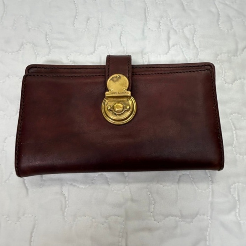 Vintage Ralph Lauren Brown Genuine Leather Long Wallet Checkbook Brass Turnlock